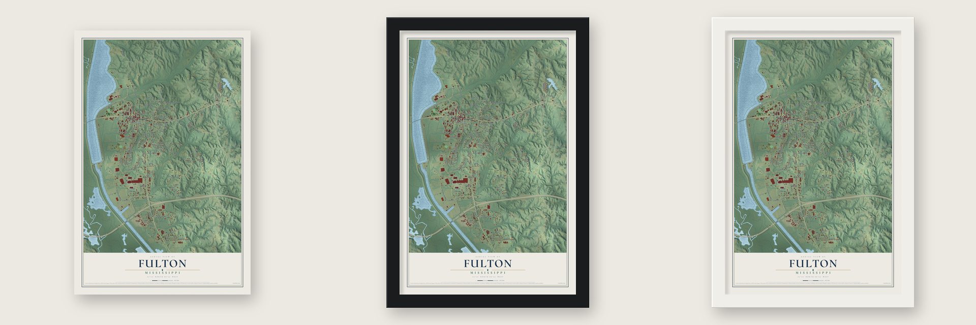 Fulton, Mississippi map unframed, in a black wood frame and in a white wood frame