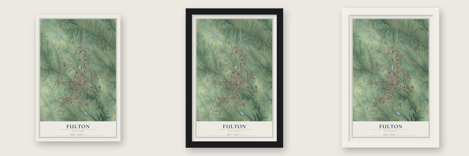 Fulton, Missouri map unframed, in a black wood frame and in a white wood frame