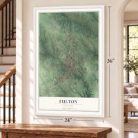 Fulton, Missouri map, 24 x 36 inch print in a white frame by a staircase