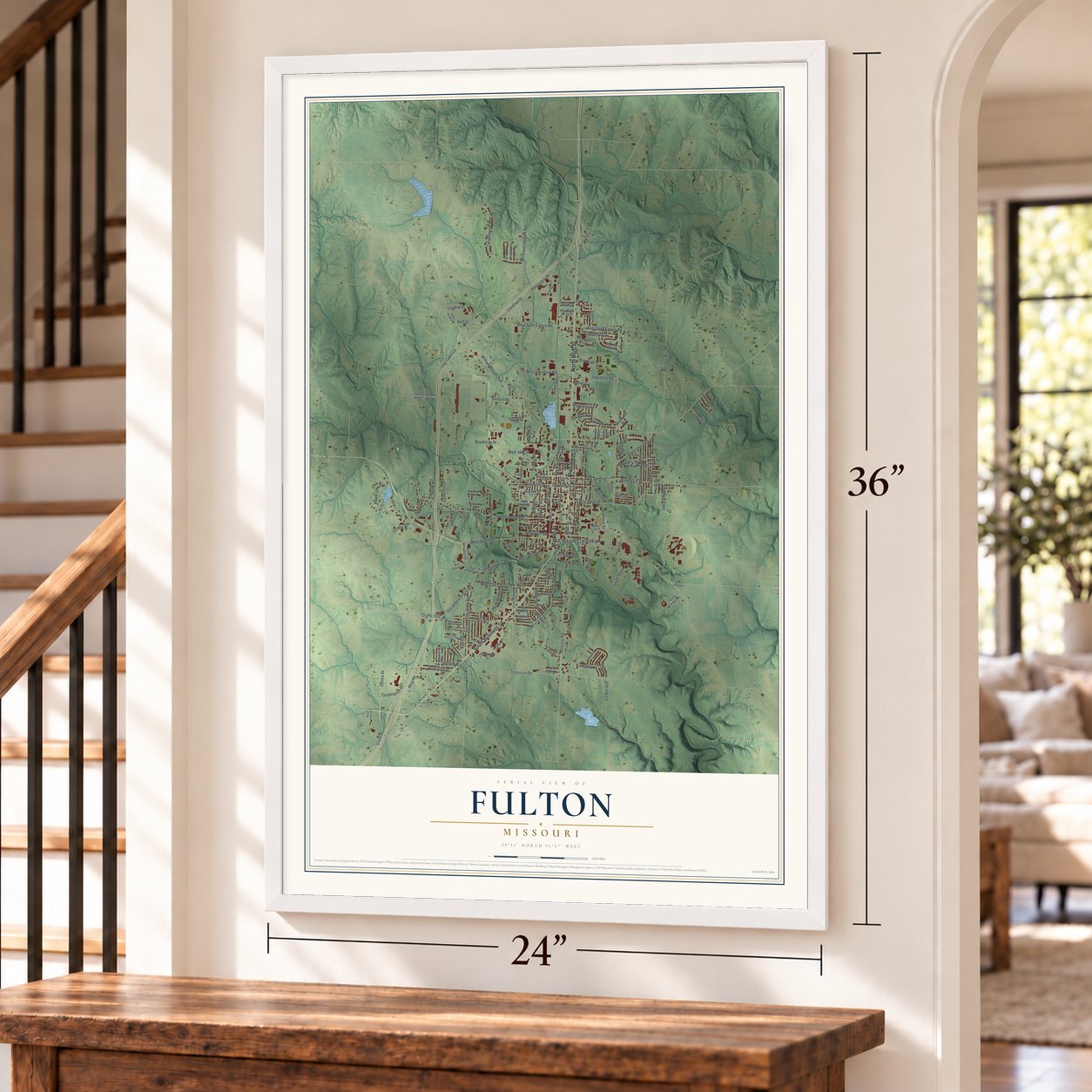 Fulton, Missouri map, 24 x 36 inch print in a white frame by a staircase
