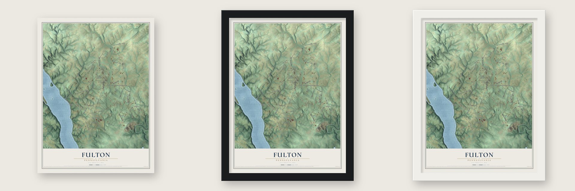 Fulton, Pennsylvania map unframed, in a black wood frame and in a white wood frame