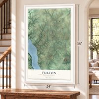 Fulton, Pennsylvania map, 24 x 36 inch print in a white frame by a staircase