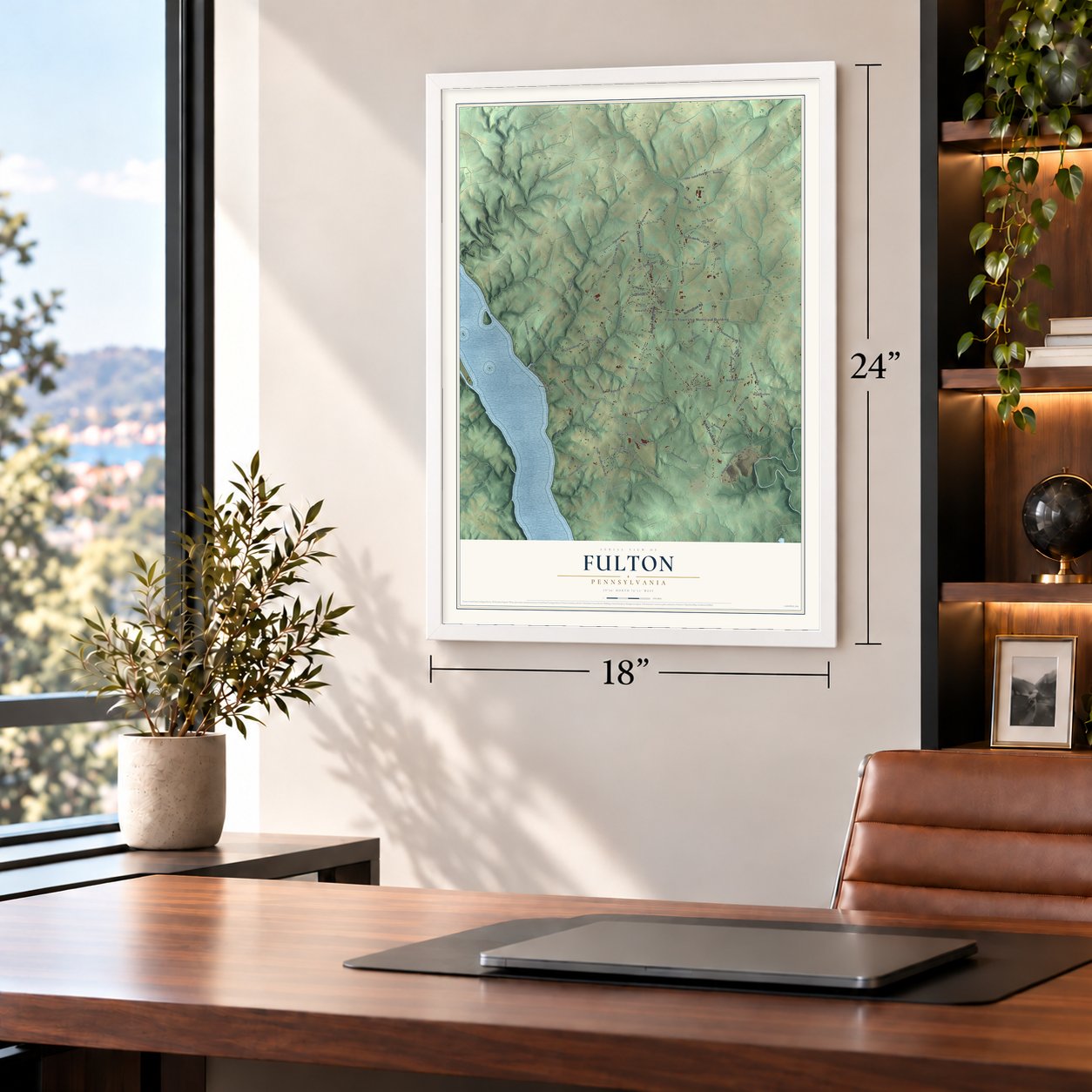Fulton, Pennsylvania map, 18 x 24 inch print in a white frame in a home office