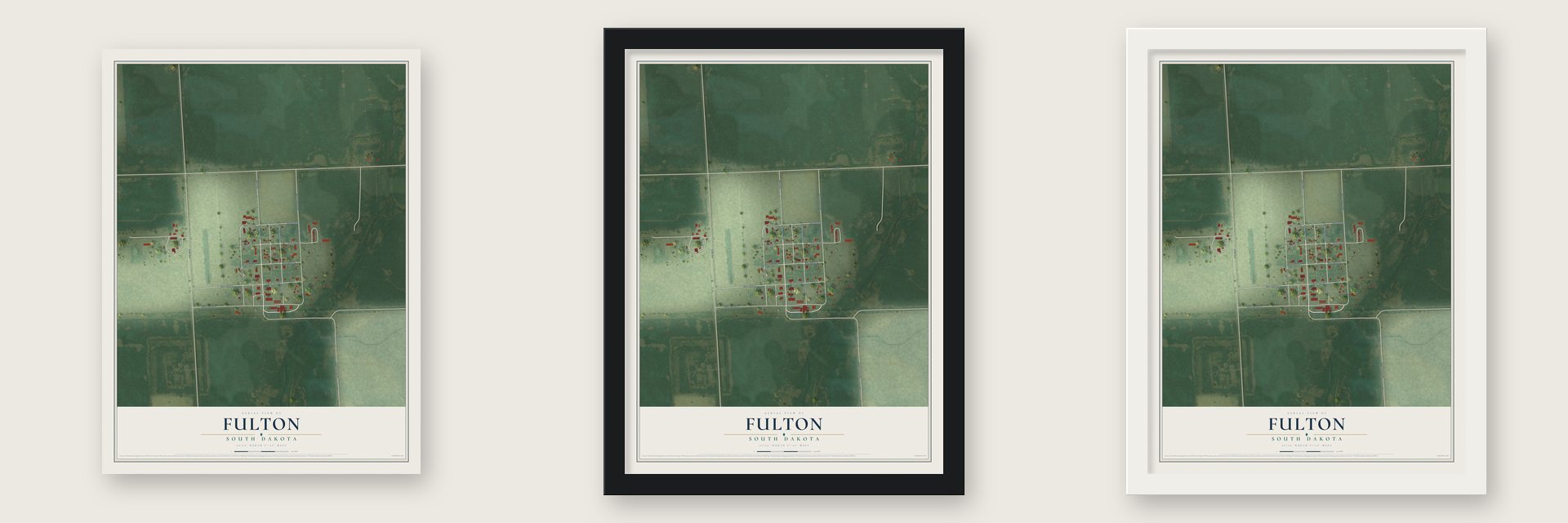 Fulton, South Dakota map unframed, in a black wood frame and in a white wood frame