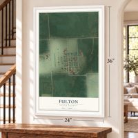 Fulton, South Dakota map, 24 x 36 inch print in a white frame by a staircase