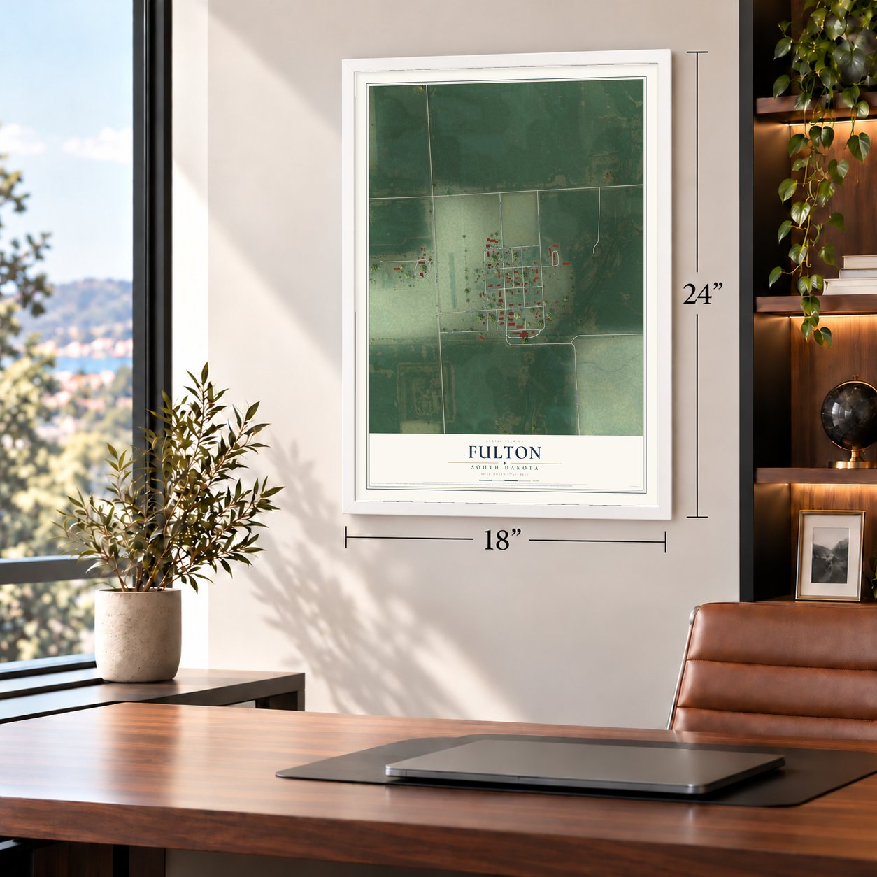 Fulton, South Dakota map, 18 x 24 inch print in a white frame in a home office