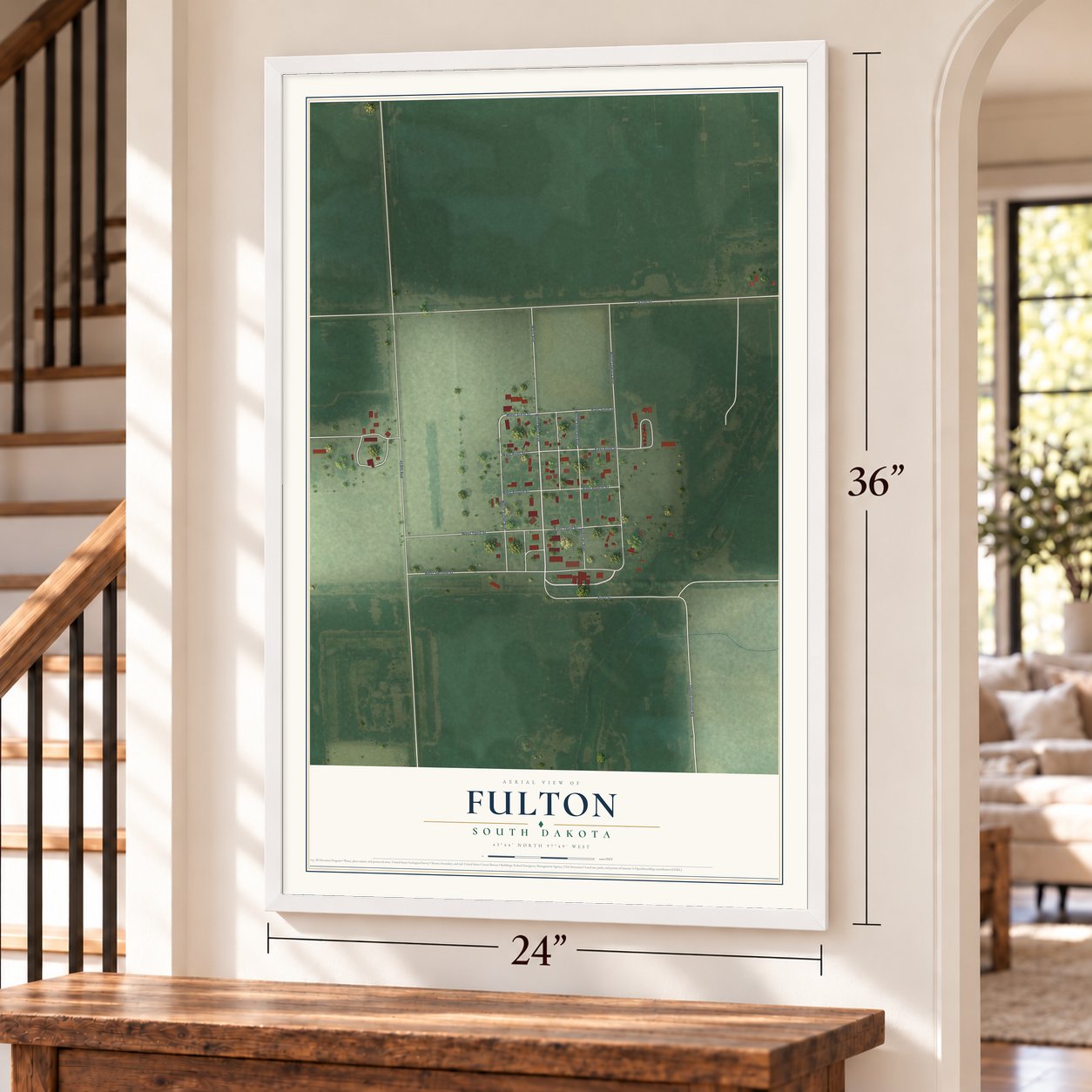 Fulton, South Dakota map, 24 x 36 inch print in a white frame by a staircase