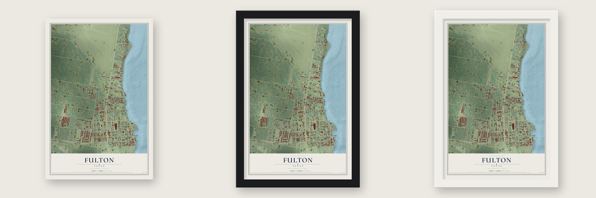 Fulton, Texas map unframed, in a black wood frame and in a white wood frame