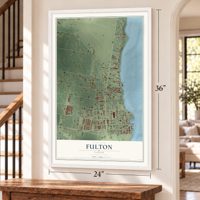 Fulton, Texas map, 24 x 36 inch print in a white frame by a staircase