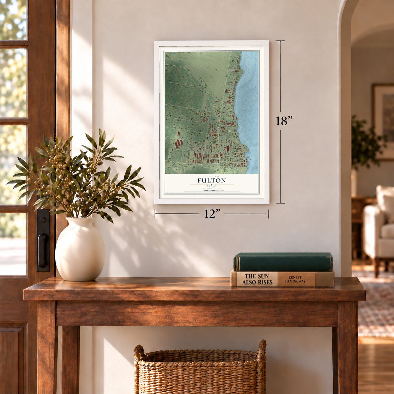 Fulton, Texas map, 12 x 18 inch print in a white frame in an entryway
