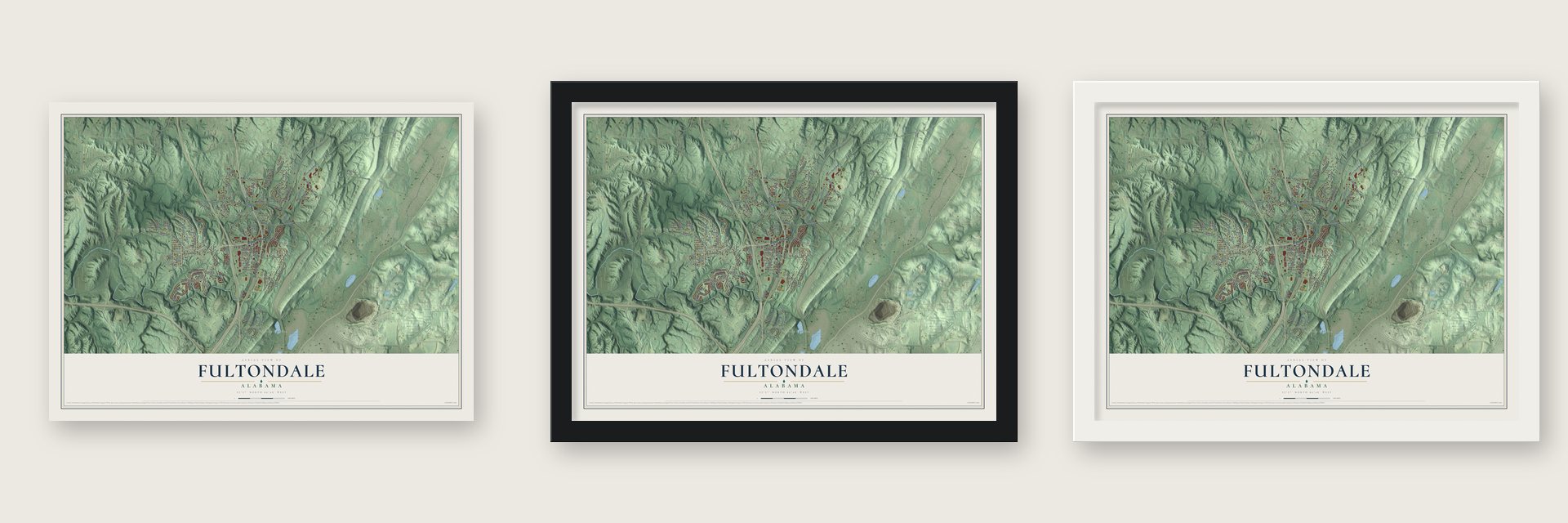 Fultondale, Alabama map unframed, in a black wood frame and in a white wood frame