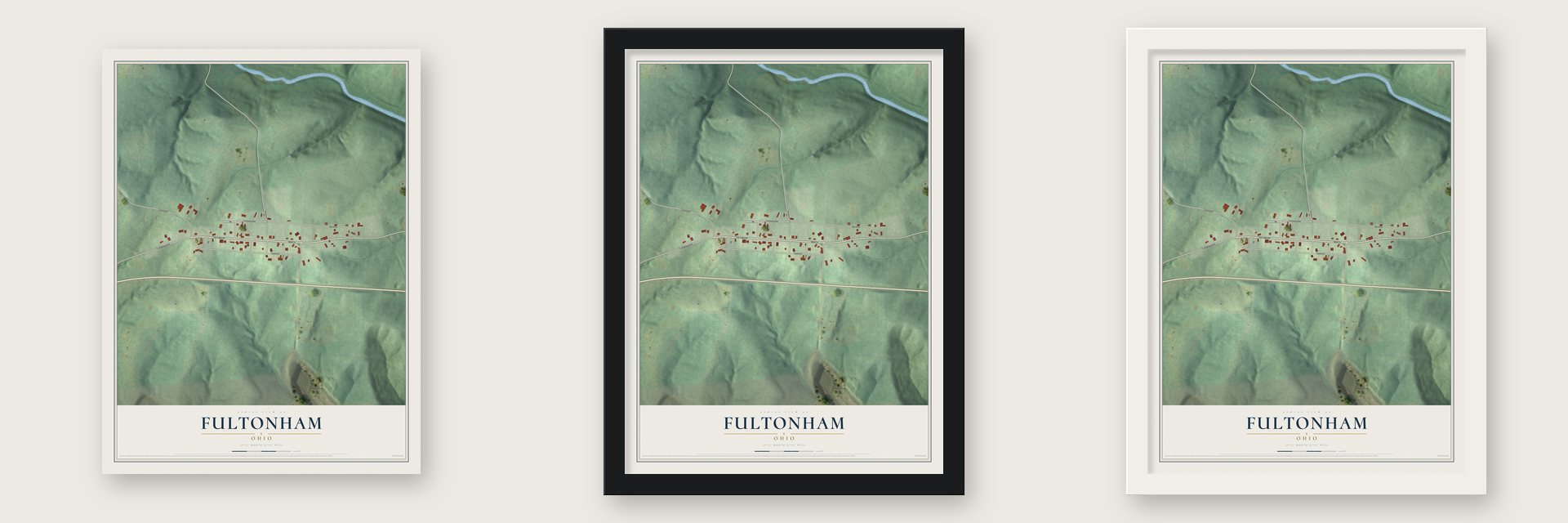 Fultonham, Ohio map unframed, in a black wood frame and in a white wood frame
