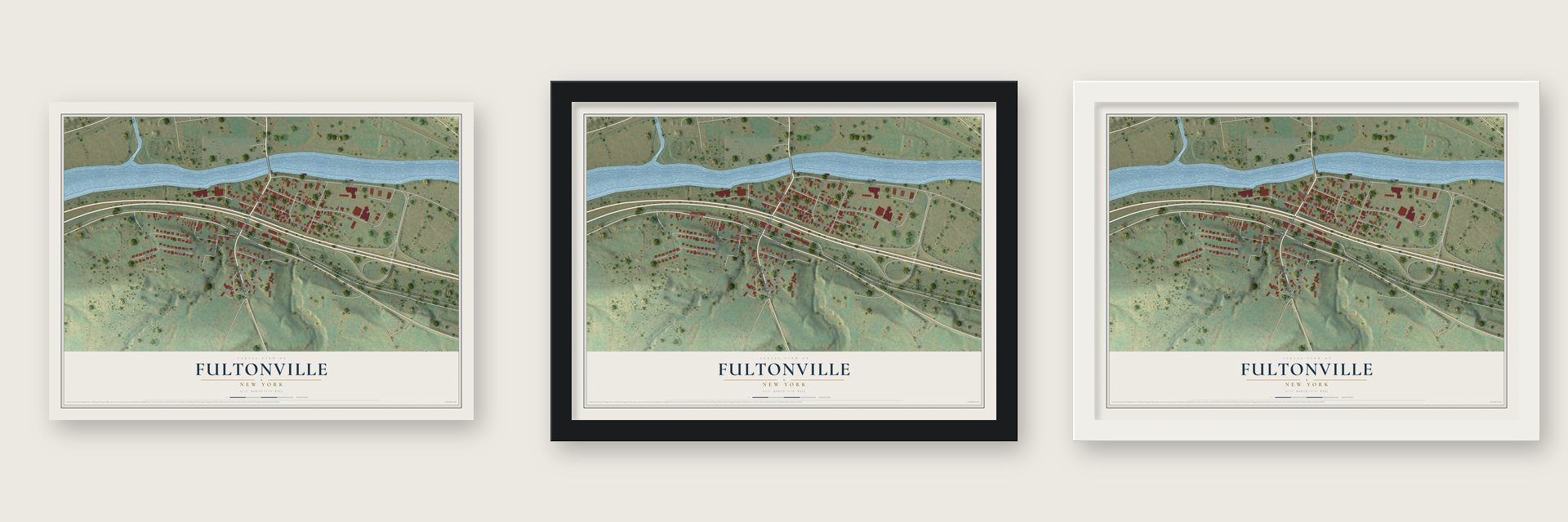 Fultonville, New York map unframed, in a black wood frame and in a white wood frame