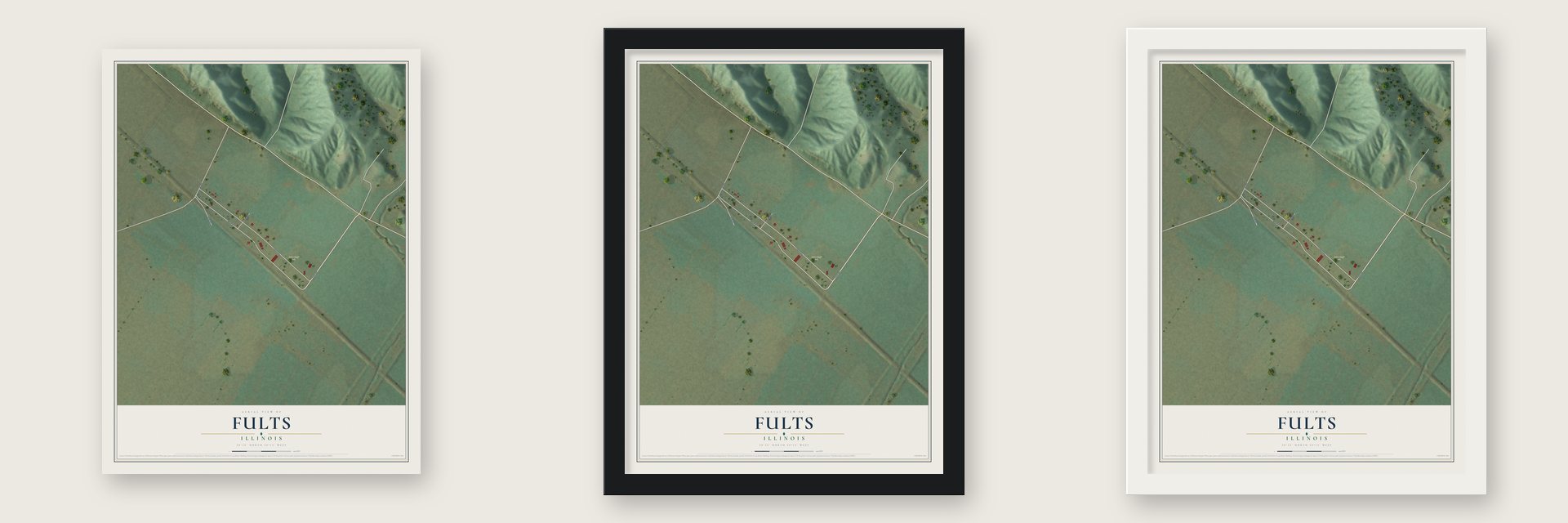 Fults, Illinois map unframed, in a black wood frame and in a white wood frame