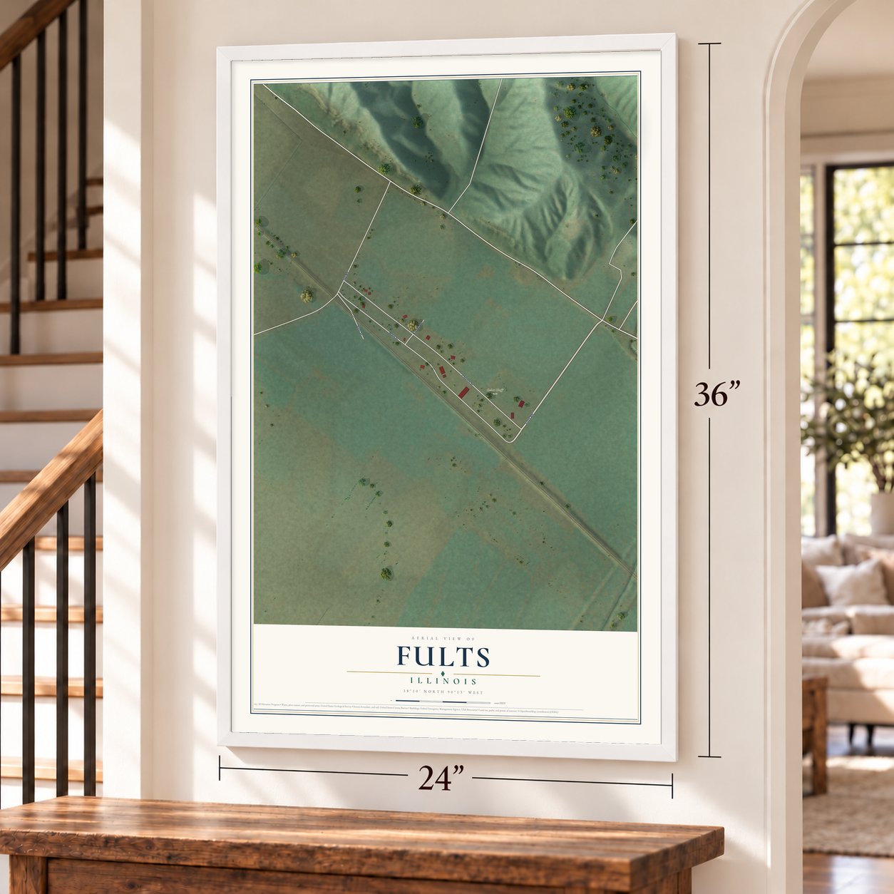 Fults, Illinois map, 24 x 36 inch print in a white frame by a staircase