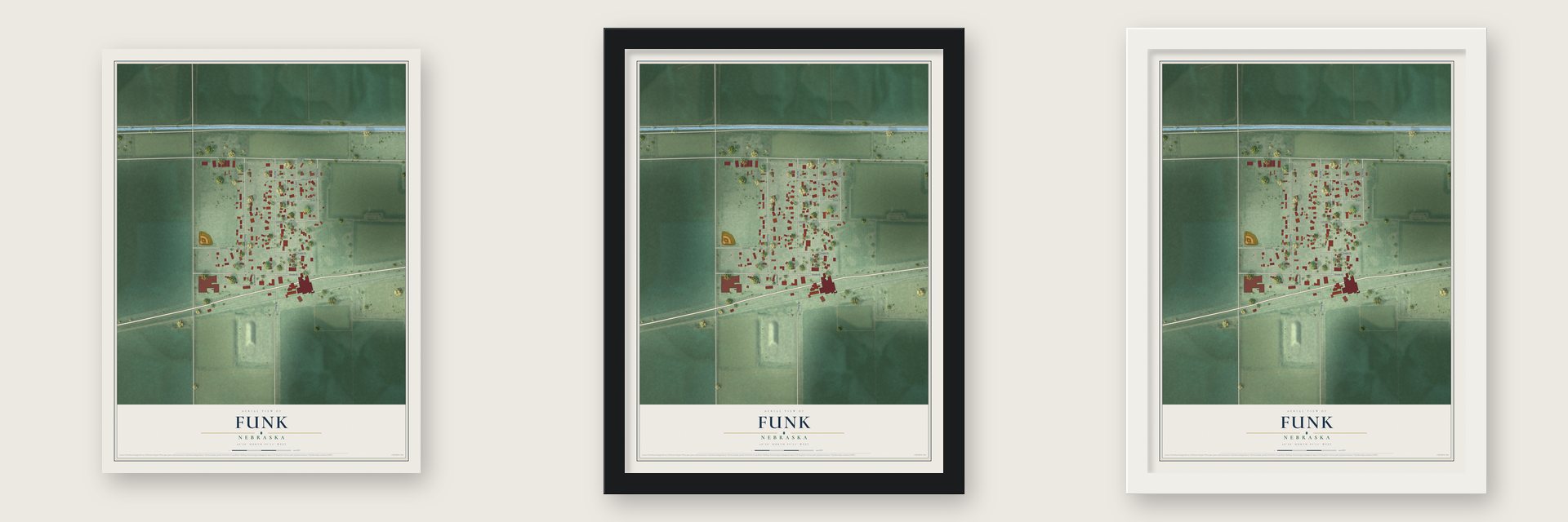 Funk, Nebraska map unframed, in a black wood frame and in a white wood frame