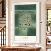 Funk, Nebraska map, 24 x 36 inch print in a white frame by a staircase