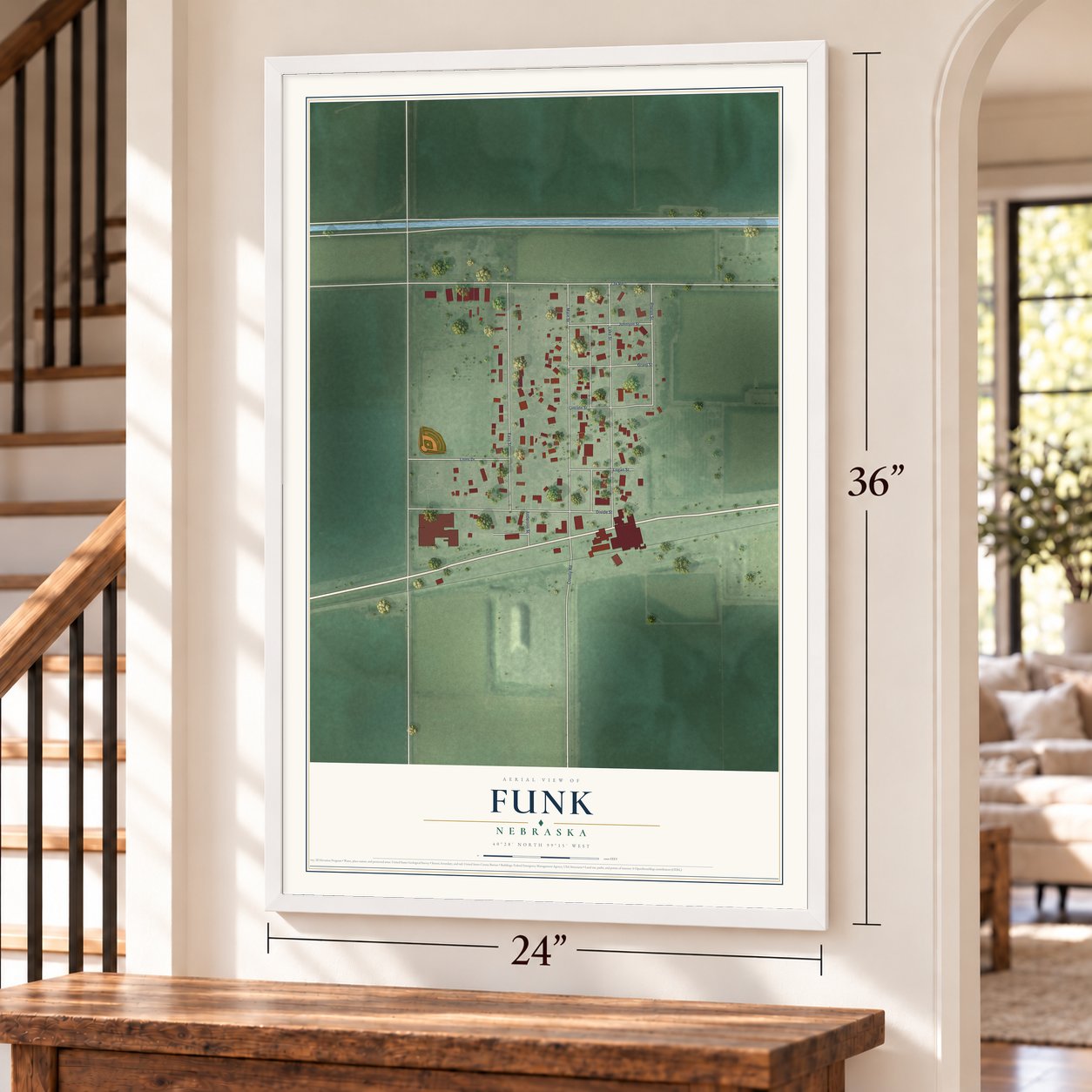Funk, Nebraska map, 24 x 36 inch print in a white frame by a staircase