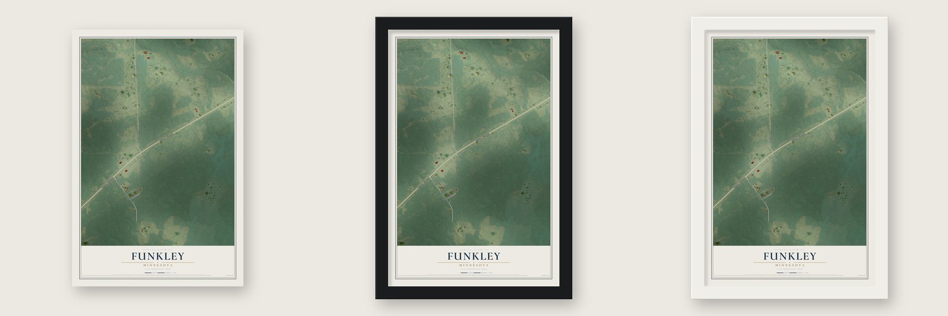 Funkley, Minnesota map unframed, in a black wood frame and in a white wood frame