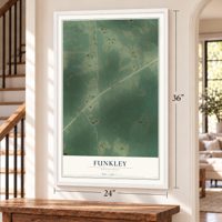 Funkley, Minnesota map, 24 x 36 inch print in a white frame by a staircase