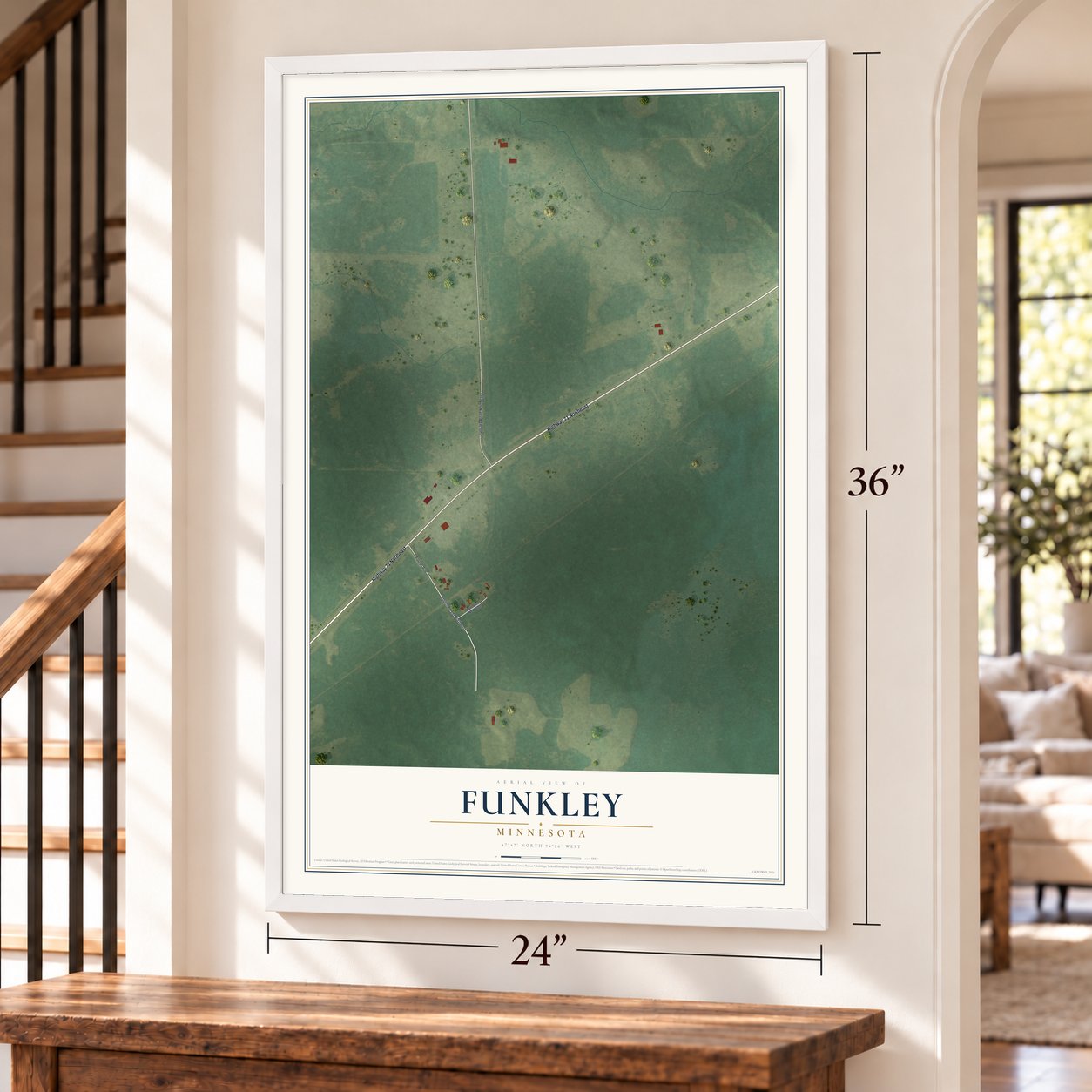 Funkley, Minnesota map, 24 x 36 inch print in a white frame by a staircase