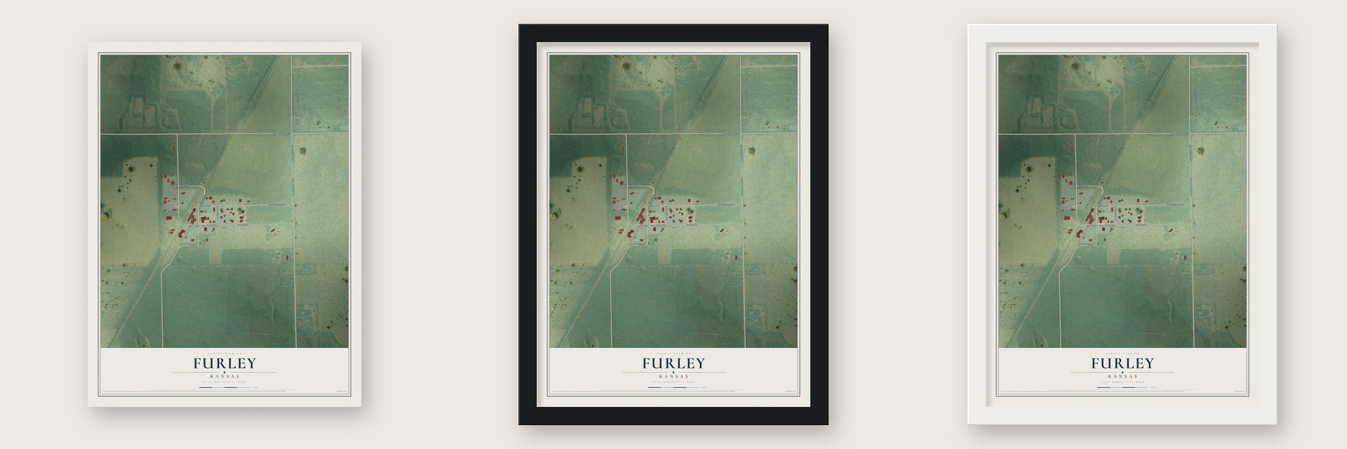 Furley, Kansas map unframed, in a black wood frame and in a white wood frame