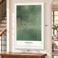 Furley, Kansas map, 24 x 36 inch print in a white frame by a staircase