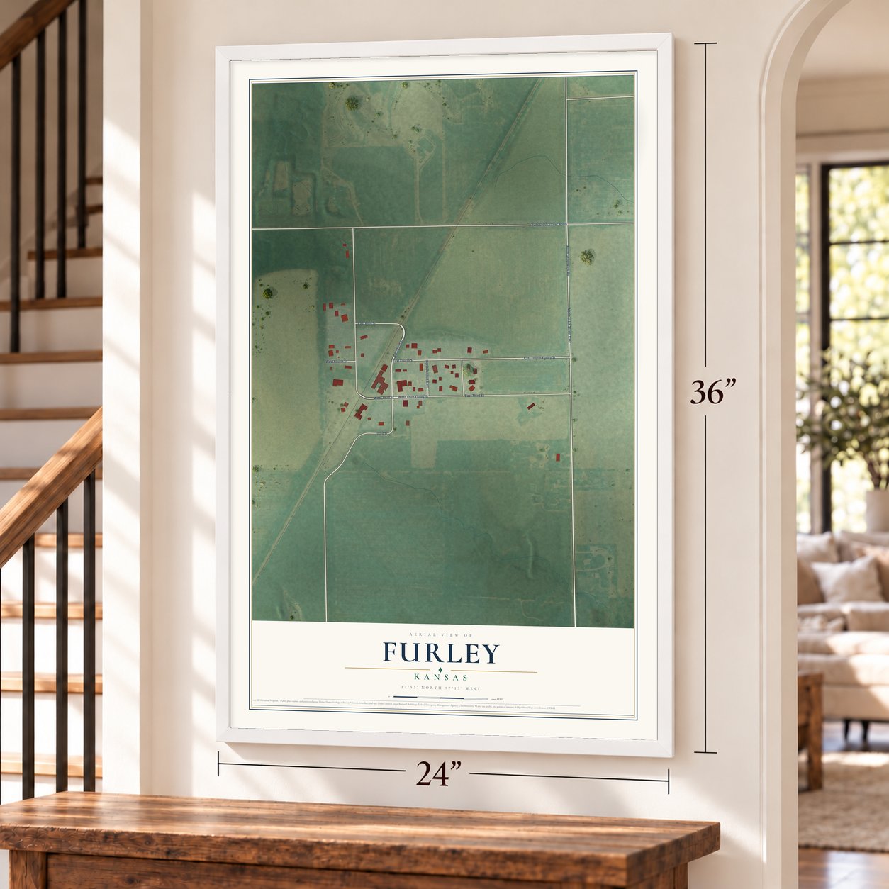 Furley, Kansas map, 24 x 36 inch print in a white frame by a staircase