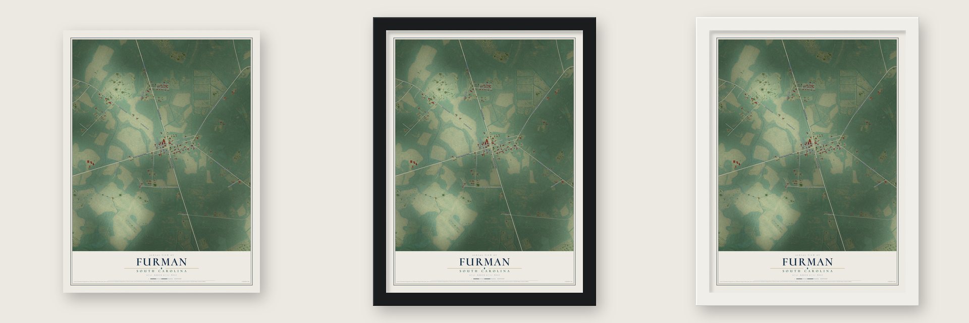 Furman, South Carolina map unframed, in a black wood frame and in a white wood frame
