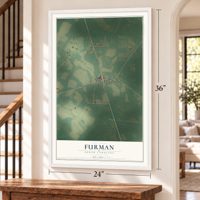 Furman, South Carolina map, 24 x 36 inch print in a white frame by a staircase