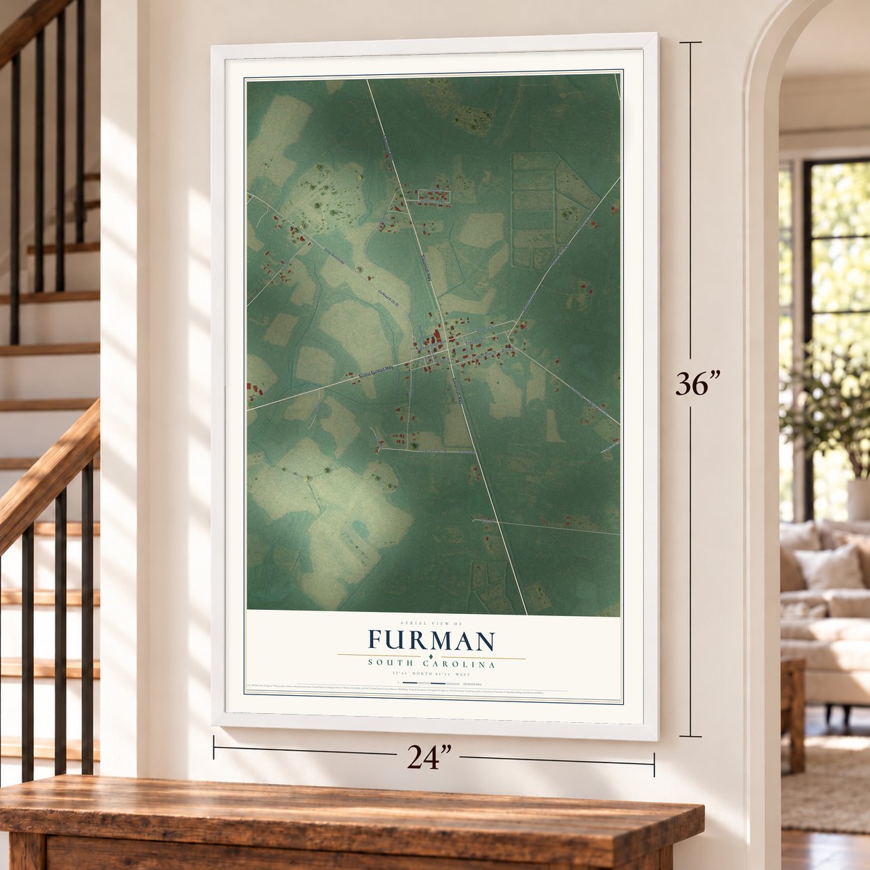 Furman, South Carolina map, 24 x 36 inch print in a white frame by a staircase