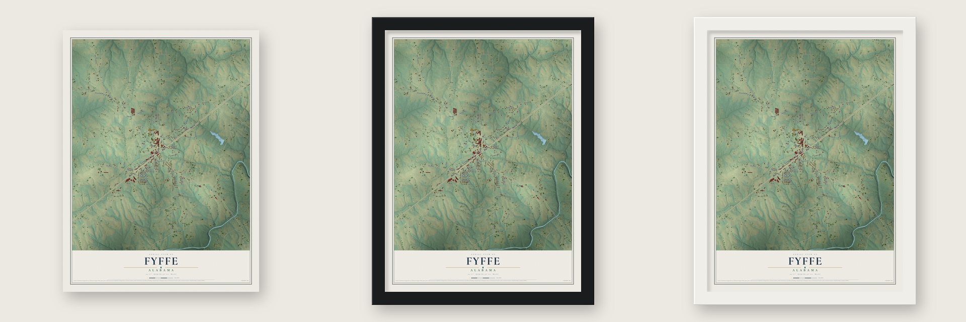 Fyffe, Alabama map unframed, in a black wood frame and in a white wood frame