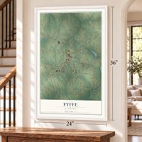 Fyffe, Alabama map, 24 x 36 inch print in a white frame by a staircase
