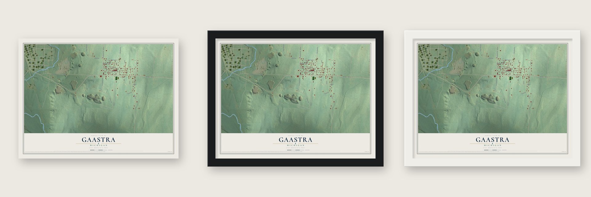 Gaastra, Michigan map unframed, in a black wood frame and in a white wood frame