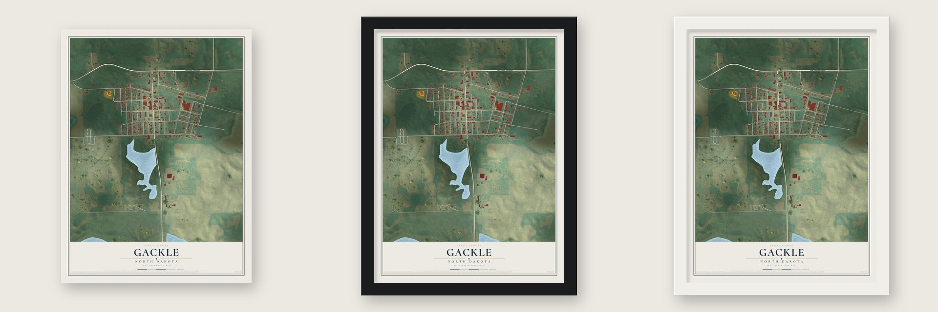 Gackle, North Dakota map unframed, in a black wood frame and in a white wood frame