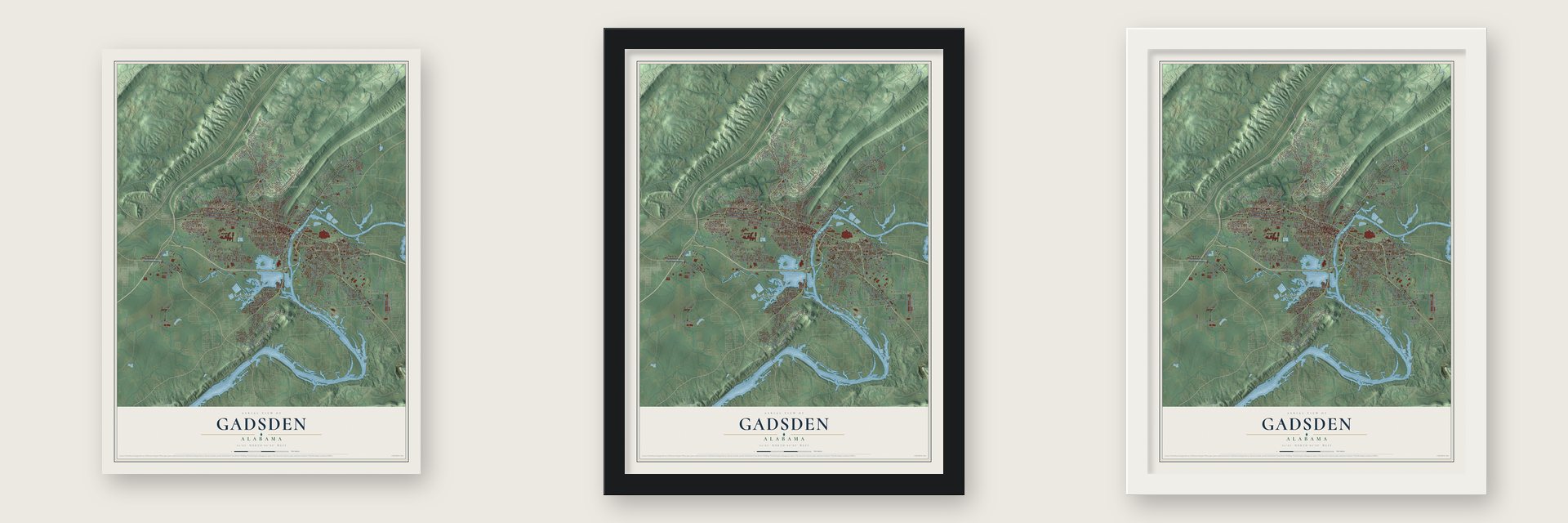 Gadsden, Alabama map unframed, in a black wood frame and in a white wood frame
