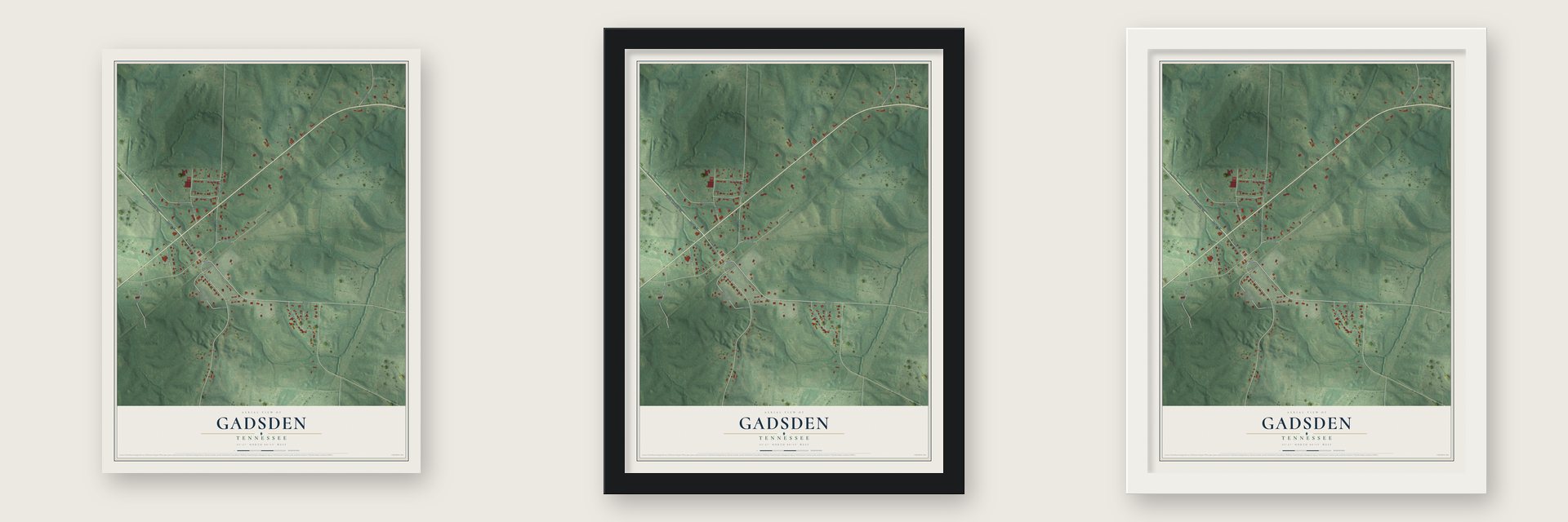 Gadsden, Tennessee map unframed, in a black wood frame and in a white wood frame
