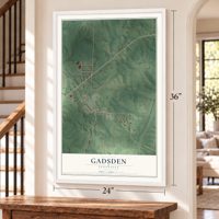 Gadsden, Tennessee map, 24 x 36 inch print in a white frame by a staircase