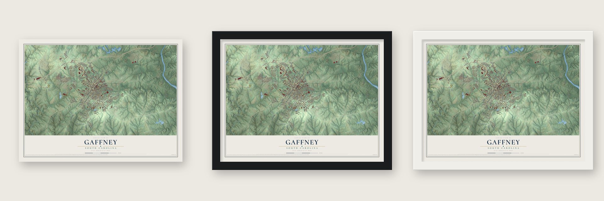Gaffney, South Carolina map unframed, in a black wood frame and in a white wood frame