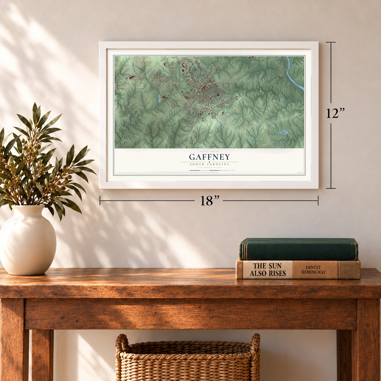 Gaffney, South Carolina map, 12 x 18 inch print in a white frame in an entryway