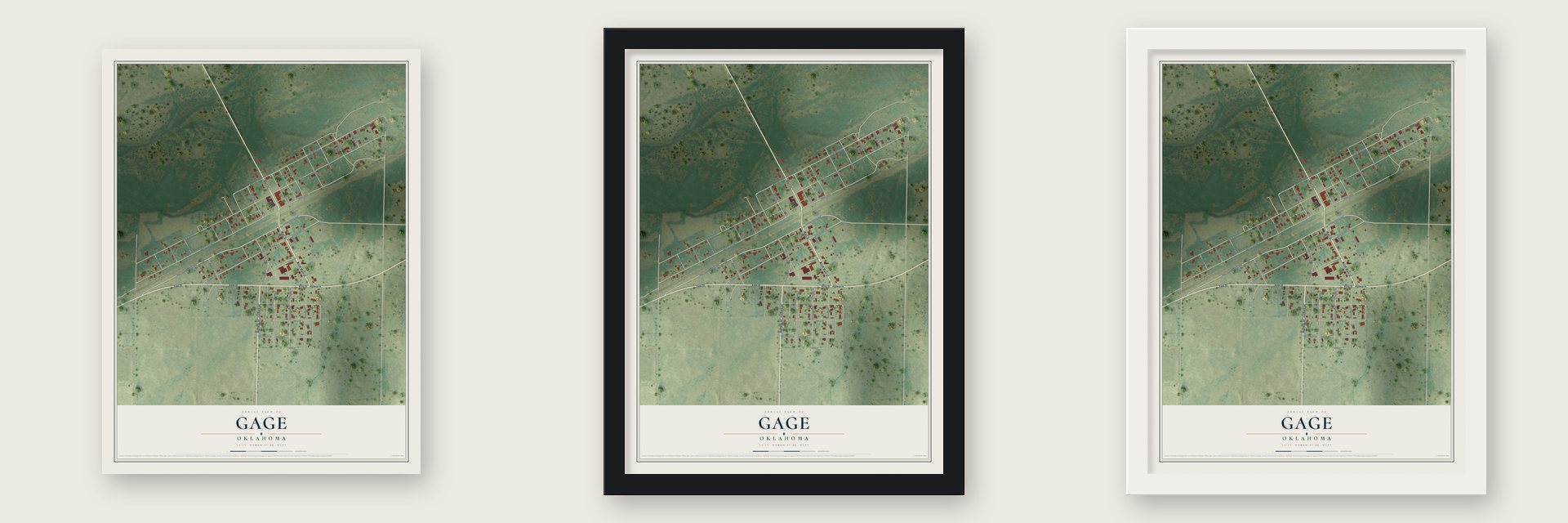 Gage, Oklahoma map unframed, in a black wood frame and in a white wood frame
