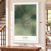 Gage, Oklahoma map, 24 x 36 inch print in a white frame by a staircase