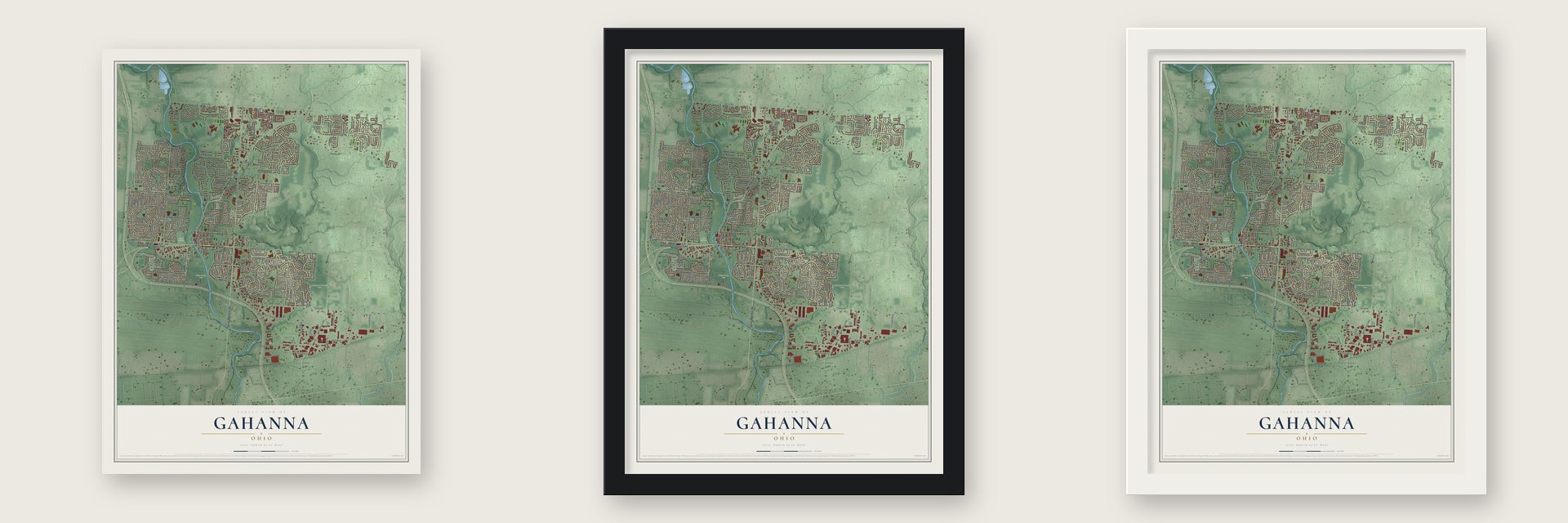 Gahanna, Ohio map unframed, in a black wood frame and in a white wood frame