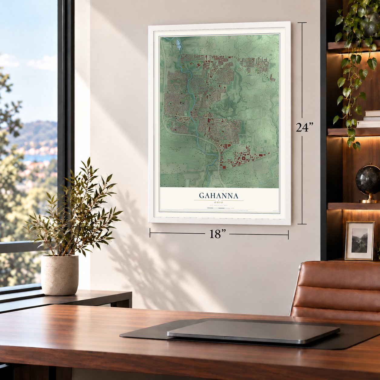 Gahanna, Ohio map, 18 x 24 inch print in a white frame in a home office