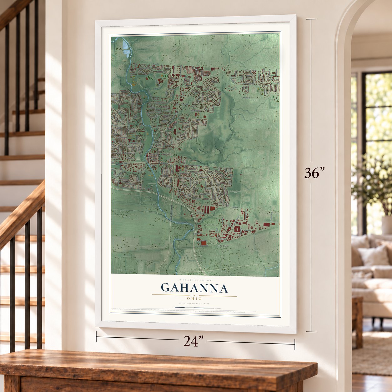 Gahanna, Ohio map, 24 x 36 inch print in a white frame by a staircase
