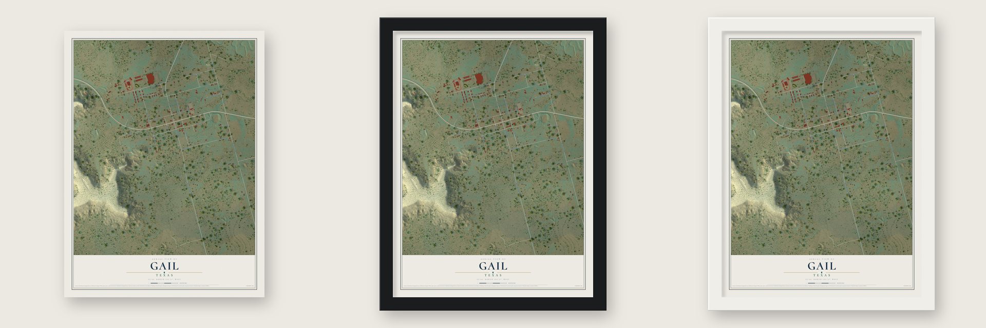Gail, Texas map unframed, in a black wood frame and in a white wood frame