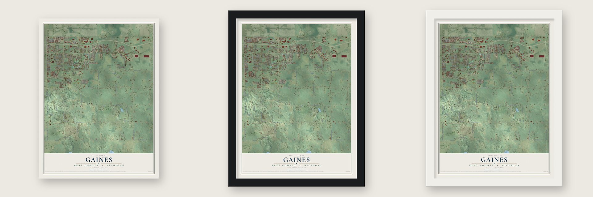 Gaines, Kent County, Michigan map unframed, in a black wood frame and in a white wood frame