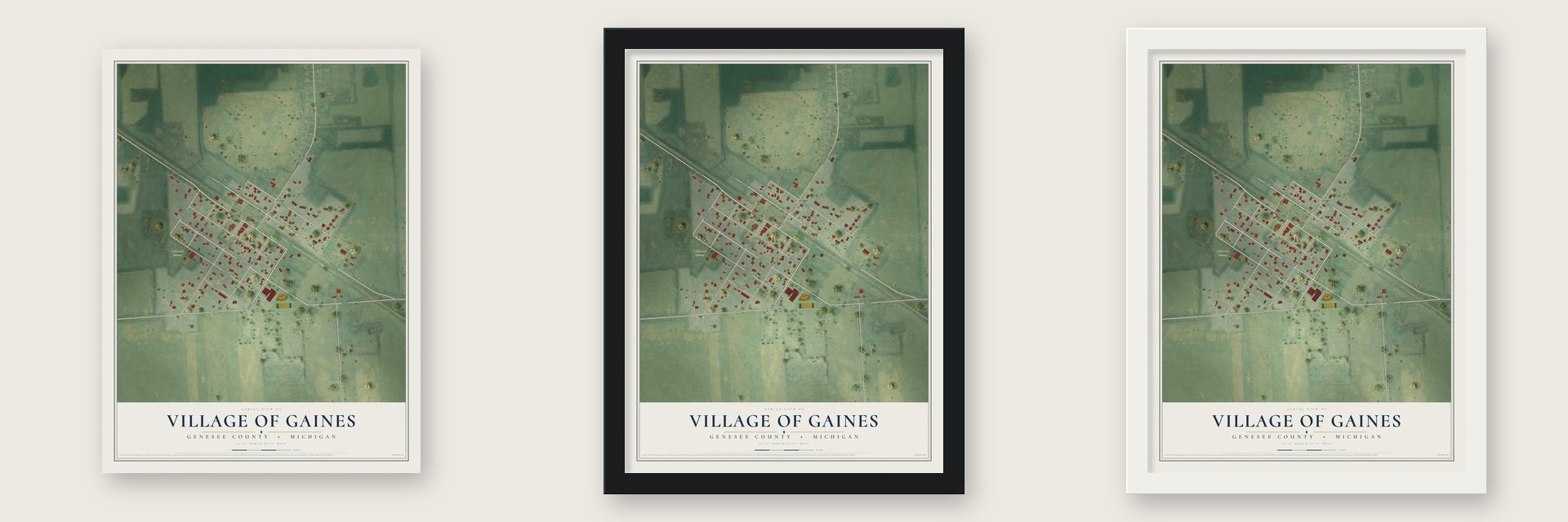 Gaines, Michigan map unframed, in a black wood frame and in a white wood frame