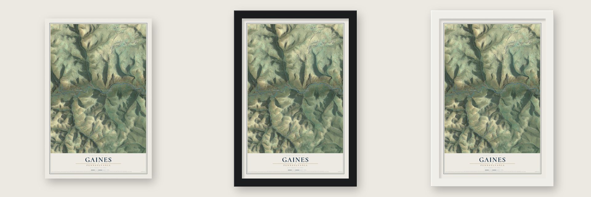 Gaines, Pennsylvania map unframed, in a black wood frame and in a white wood frame