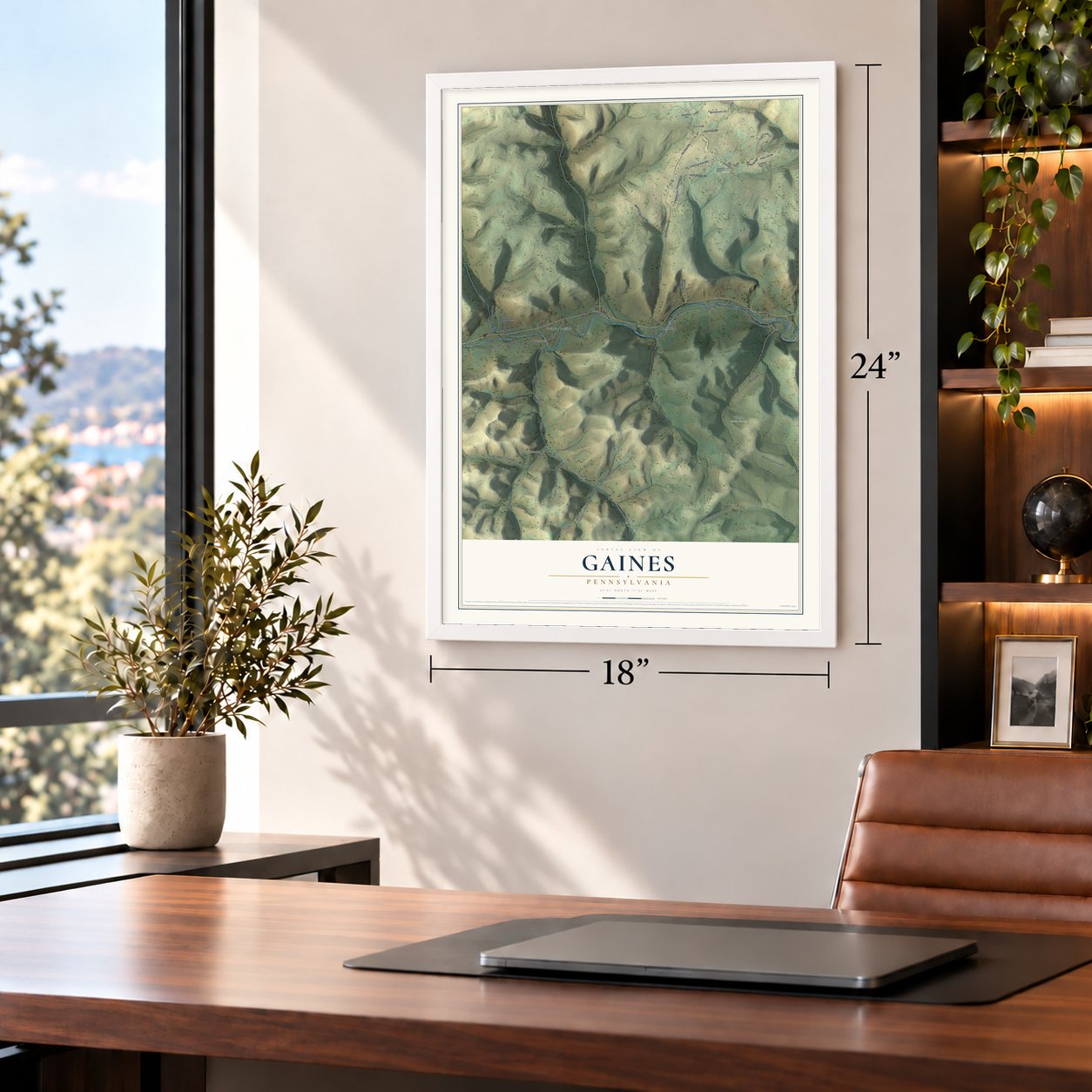 Gaines, Pennsylvania map, 18 x 24 inch print in a white frame in a home office